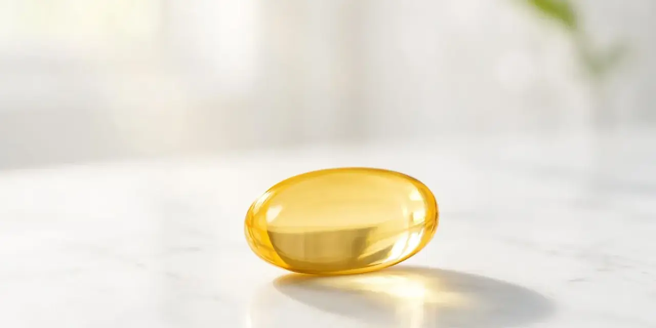 Capsula gialla di vitamina D3 su marmo. La vitamina D3 serve per ossa forti e sistema immunitario.