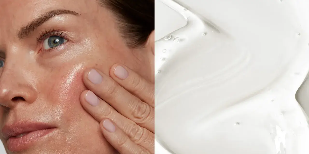 Primo piano di un volto con pelle luminosa e una mano che la accarezza, accanto a una texture di gel trasparente. Scopri cos'è lo squalane per la tua pelle.