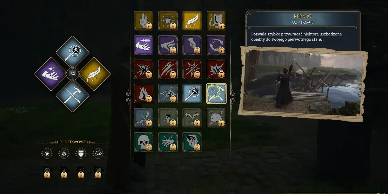 Drętwota w Hogwarts Legacy: menu zaklęć z ikonami, w tym Reparo. Gracz naprawia zniszczony mostek.