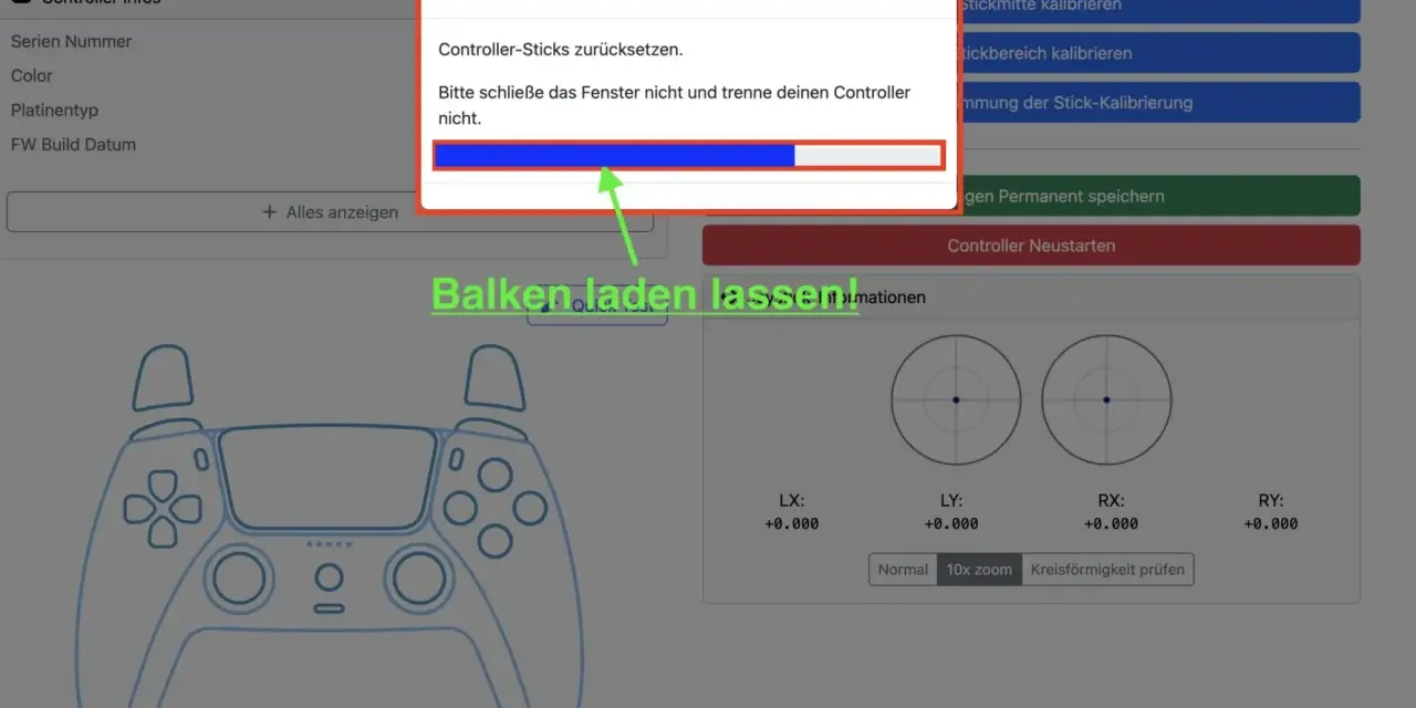 PS5 Controller kalibrieren: Fortschrittsbalken wird geladen, während die Stickmitte zentriert wird. Nicht trennen!