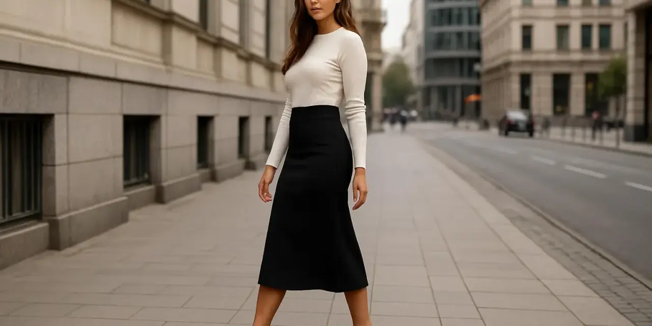 Elegancka kobieta w czarnej spódnicy midi i białym swetrze, idealnie dobrane czarne szpilki. Jakie buty do spódnicy midi? Te są strzałem w dziesiątkę!