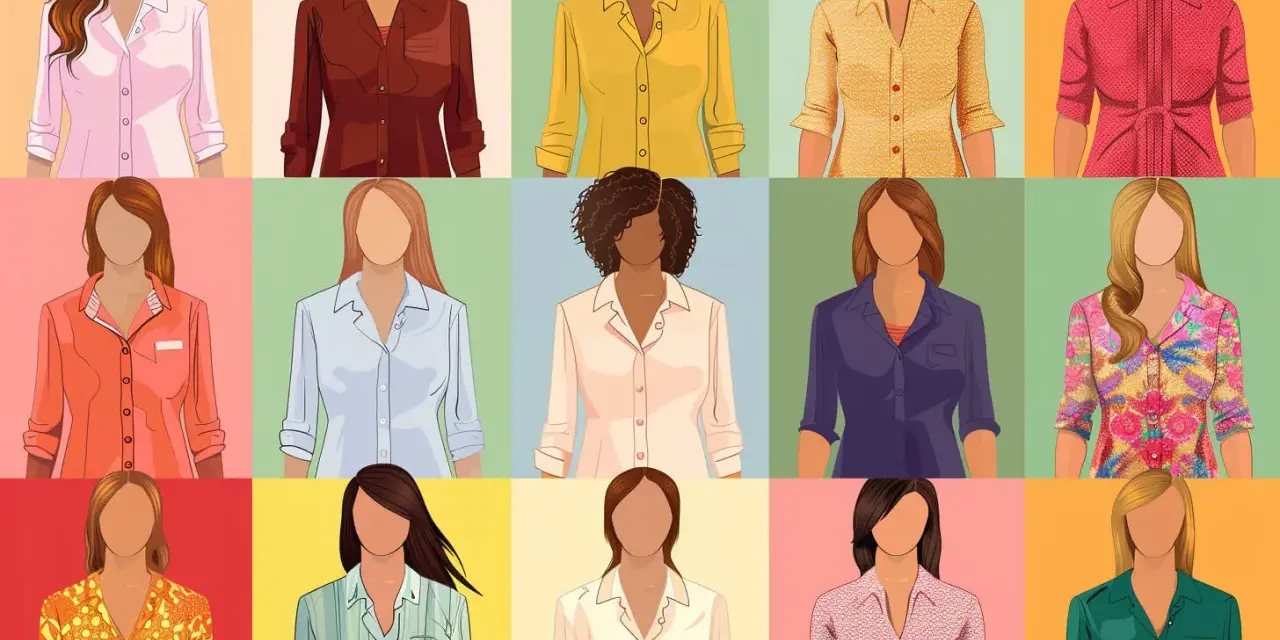 Ilustración muestra la diferencia entre blusa y camisa con varios modelos femeninos.