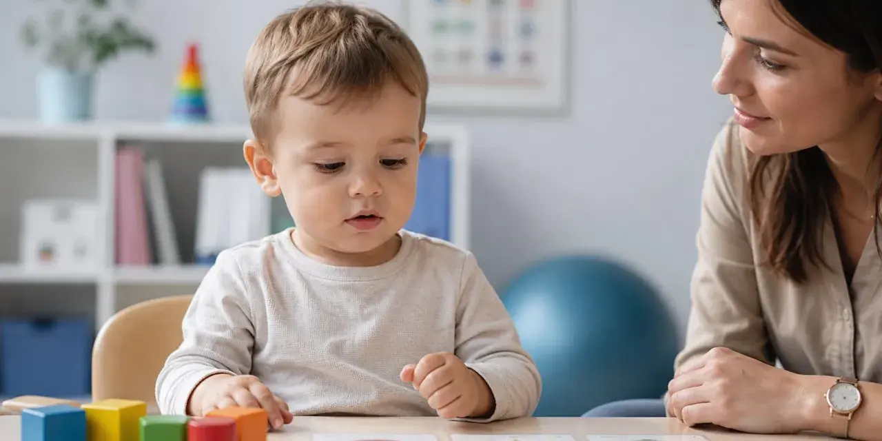 Mały chłopiec z zainteresowaniem przygląda się kartom obrazkowym, podczas gdy dorosła osoba obserwuje go z uśmiechem. To ciekawy **test AQ dla dzieci**.