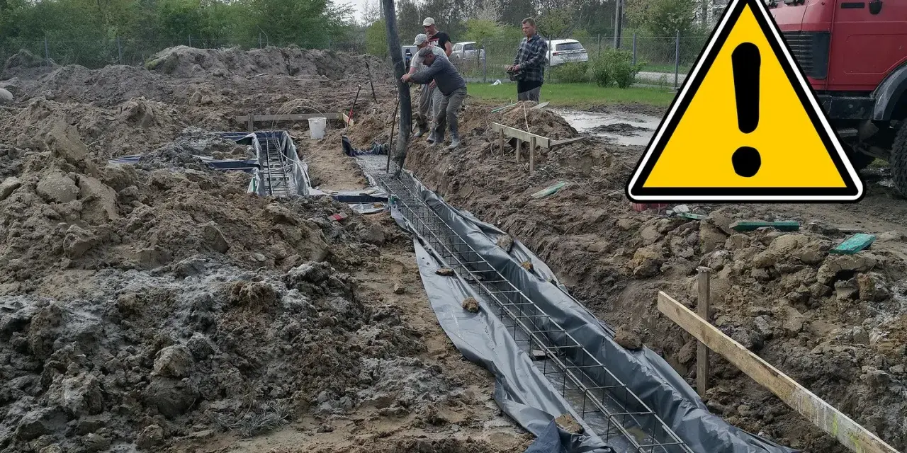 Budowa trwa! Wylewanie betonu na zbrojenie, tworząc solidne ławy fundamentowe pod przyszły budynek.