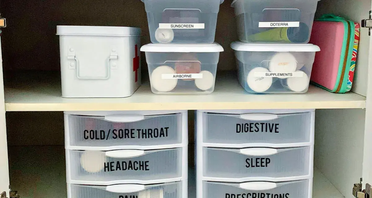 Organized medicine cabinet with labeled bins and drawers for easy access to medications and first-aid supplies.