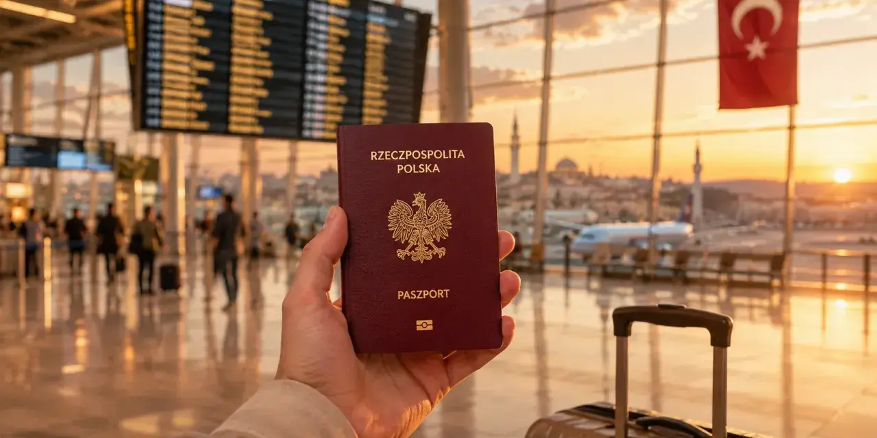 Pasport w dłoni, walizka obok, a za oknem lotniska wschód słońca i turecka flaga. Czas na wyjazd do Turcji!