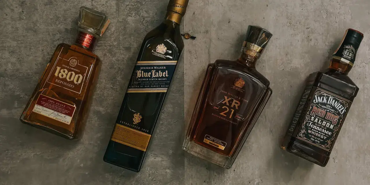 Cztery butelki alkoholi: 1800 Reposado, Johnnie Walker Blue Label, Johnnie Walker XR 21 i Jack Daniel's Red Dog Saloon. Czy to whisky czy whiskey?
