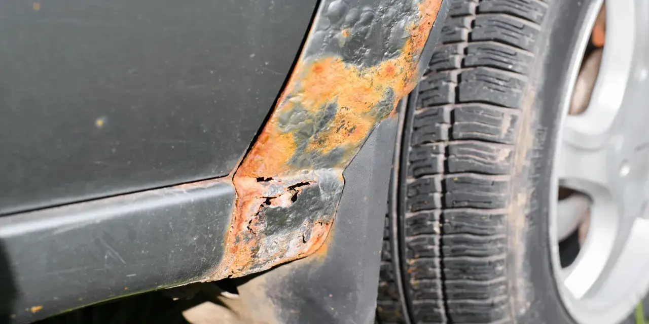 Rostfläckar och skador på bilens skärm nära däcket. En del av lacken har bubblat sig och metallen är synlig. Dags att ta bort repor på bilen och fixa rosten!