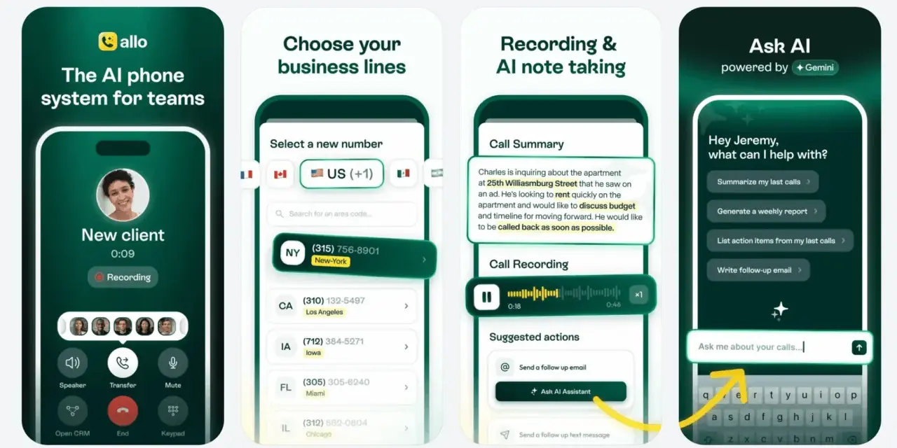 La app allo te ayuda a gestionar llamadas, elegir líneas de negocio y obtener resúmenes de llamadas con IA.