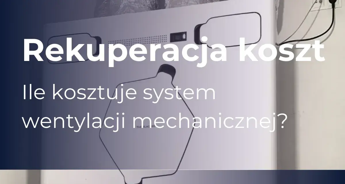 Rekuperacja koszt: ile kosztuje system wentylacji mechanicznej? Białe urządzenie z przewodami i tekstem.