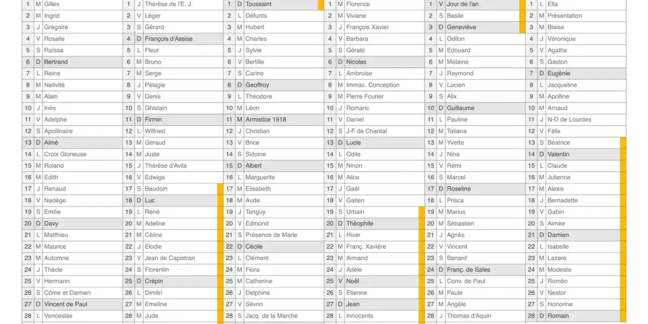 Calendrier 2026-2027 avec les mois de Septembre à Février et des noms.