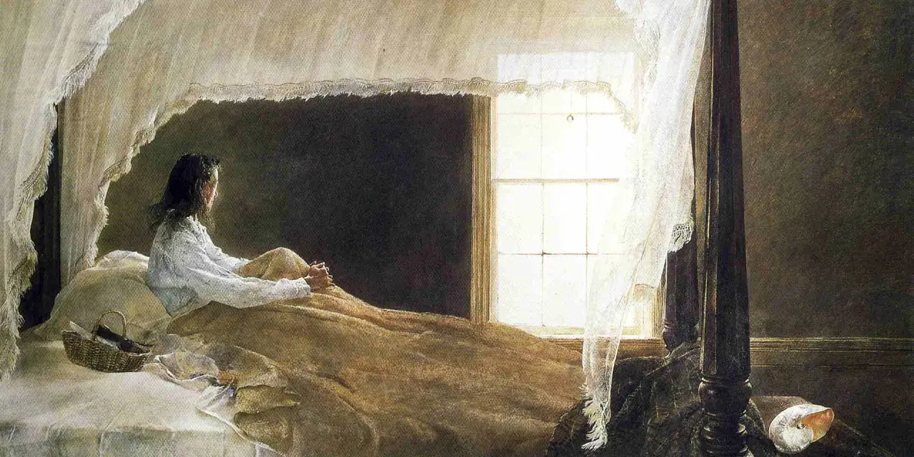Dziewczyna w łóżku, wpatrzona w okno. Obraz Andrew Wyetha, pełen melancholii i światła.