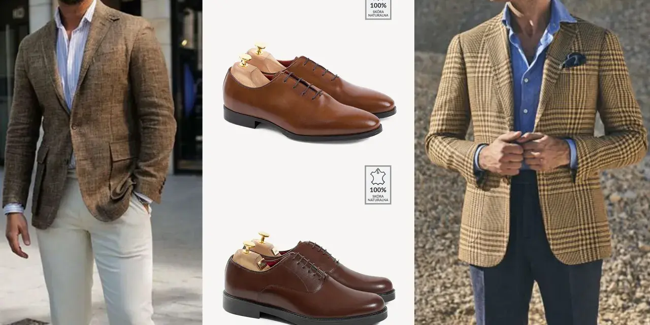 Eleganckie stylizacje na komunię: brązowe marynarki i skórzane buty. Inspiracje dla panów.