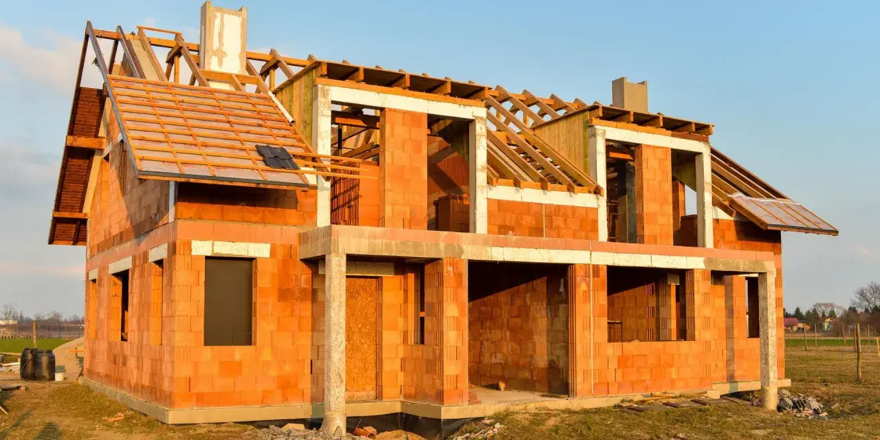 Budowa domu energooszczędnego z cegły ceramicznej. Widoczny szkielet dachu i otwory okienne.