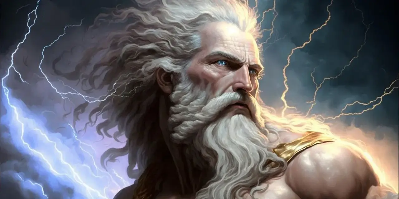 Potężny Zeus z burzą w oczach i piorunami w rozwianych włosach, władca Olimpu.