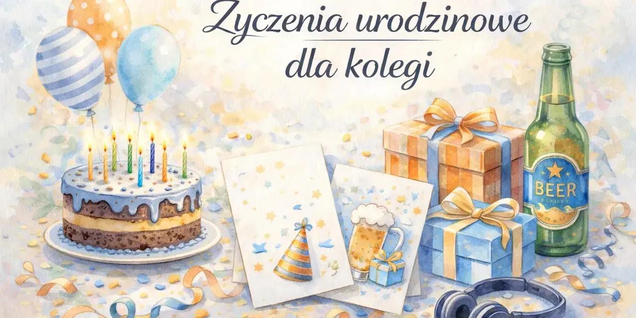 Mądre życzenia urodzinowe dla kolegi: tort, balony, prezenty, piwo i słuchawki.