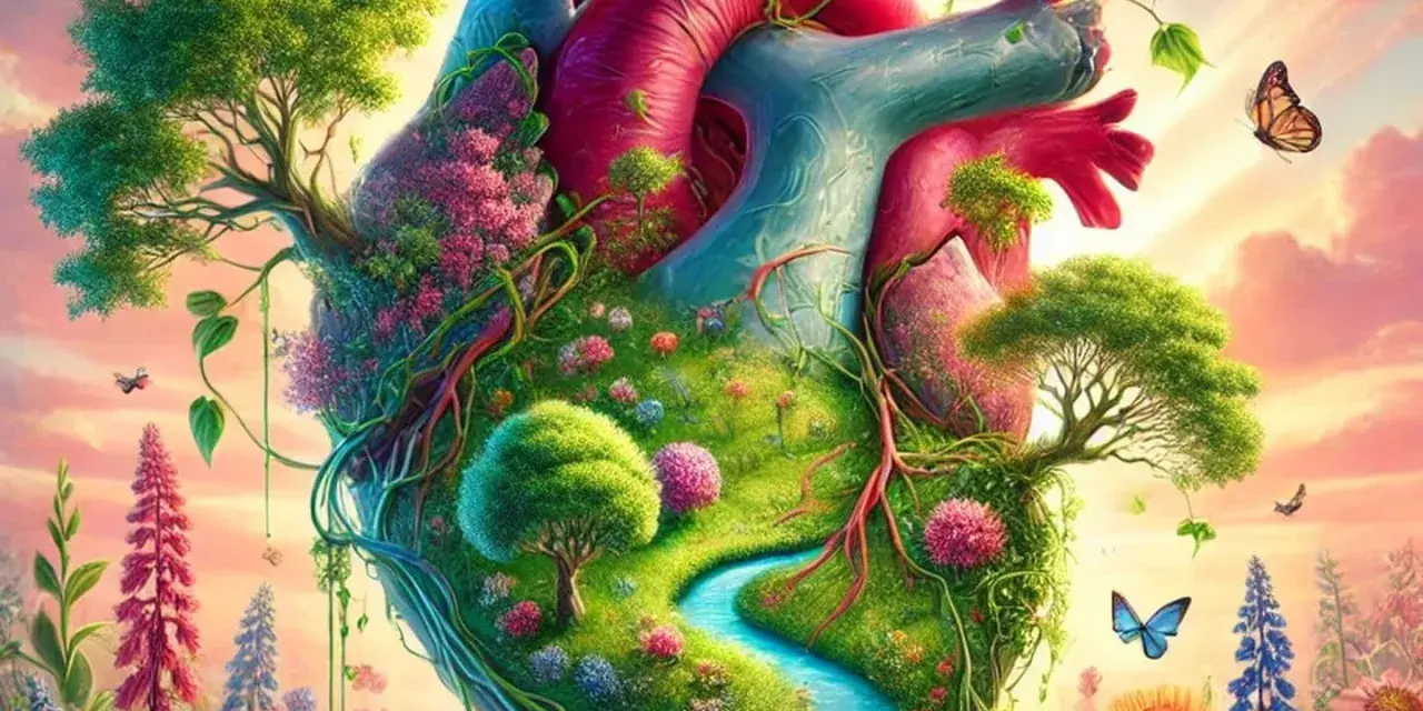 Ein Herz, das blüht wie in Psalm 86, mit Bäumen, Blumen und einem Fluss. Schmetterlinge tanzen im Abendrot.