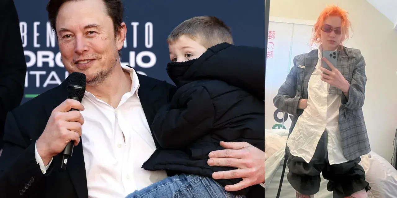 Elon Musk z synem i Grimes w stylizacji z pomarańczowymi włosami.