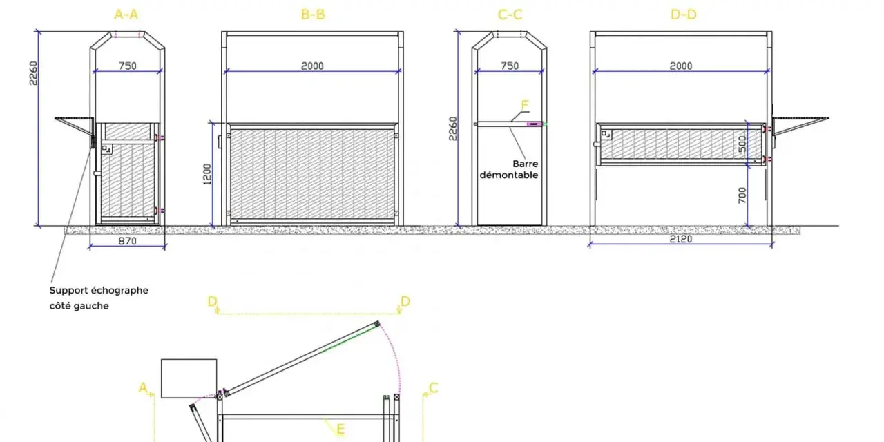 Plans techniques d'une barre échographie pour jument, avec support et barre démontable.