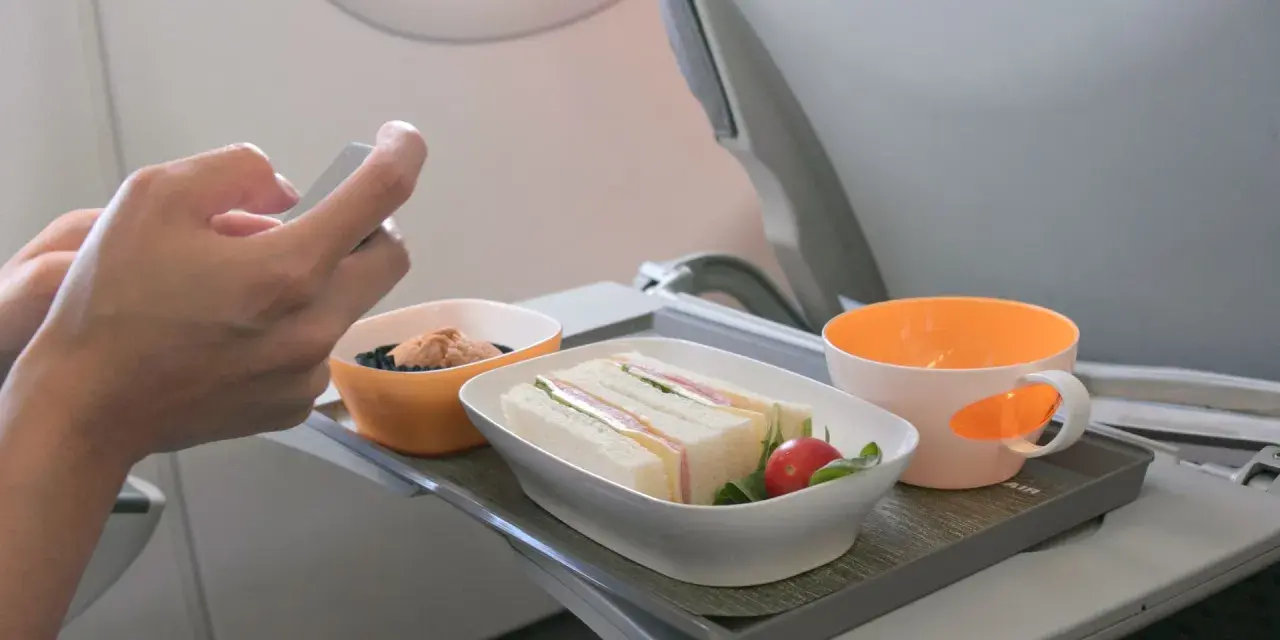 Na tacy w samolocie Wizzair kanapka, babeczka i napój. Zastanawiasz się, czy można wziąć jedzenie do samolotu Wizzair? Tak, można!