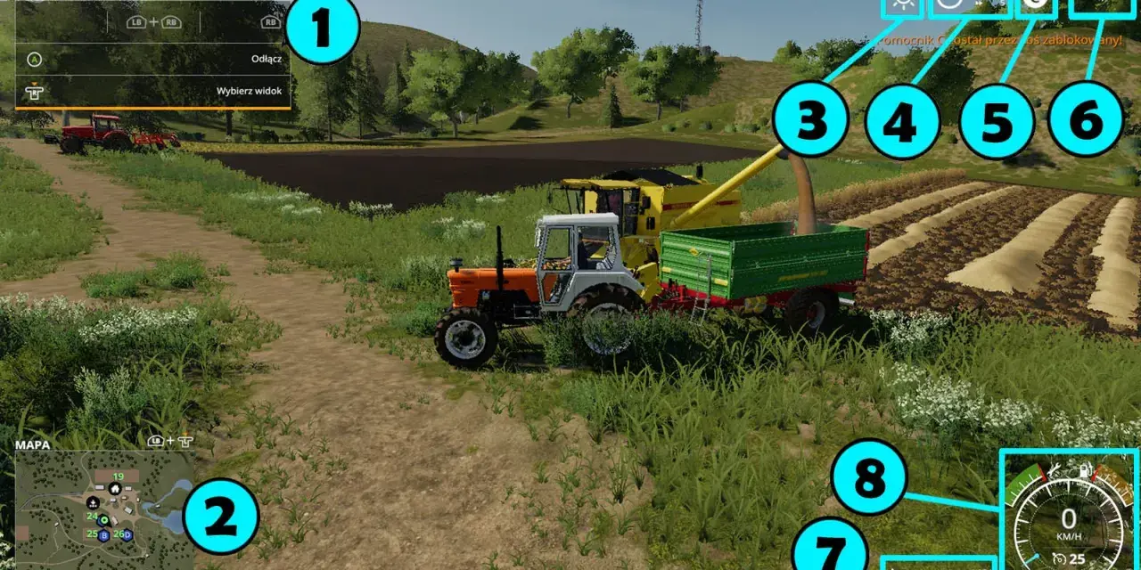 Symulacja rolnictwa: traktor z przyczepą i kombajn na polu, z interfejsem gry.