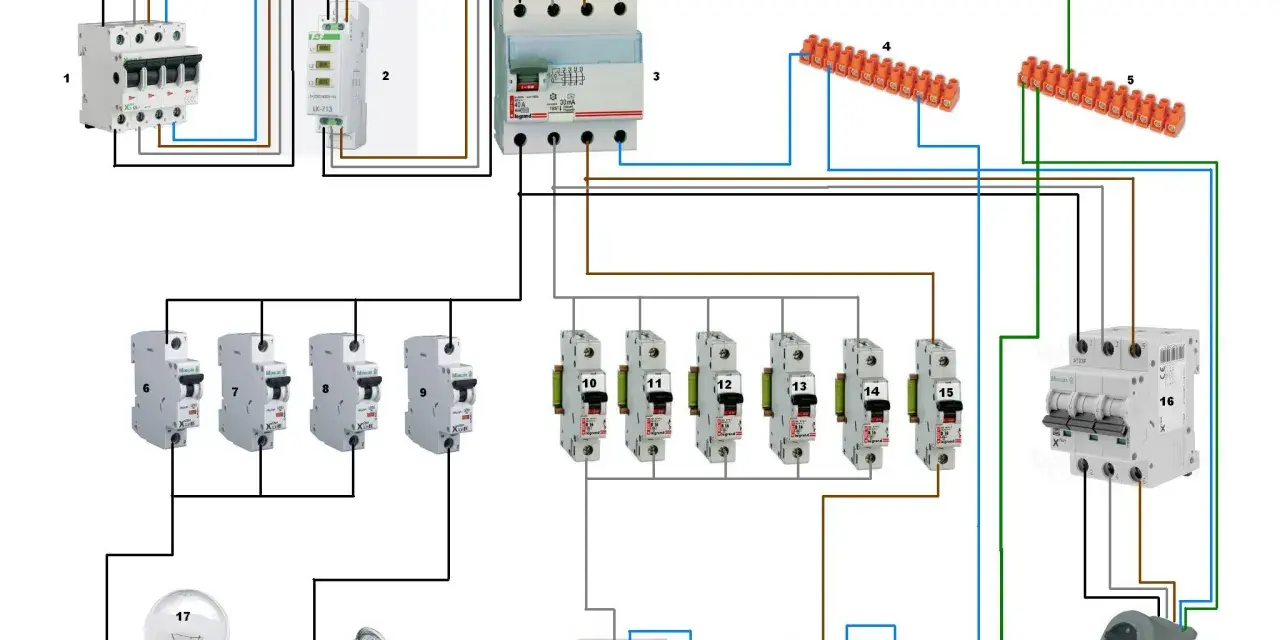 Schemat instalacji elektrycznej trójfazowej z wyłącznikami, gniazdkami i oświetleniem.