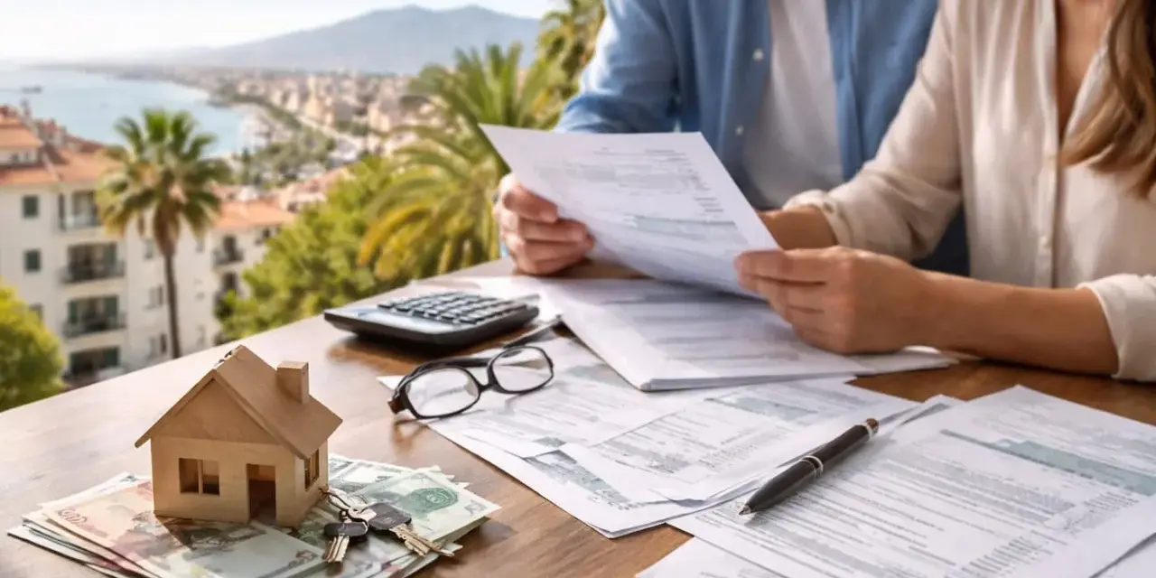 Pareja revisa papeles y calcula los gastos de compra de vivienda segunda mano. Casa de madera, llaves y dinero sobre la mesa.