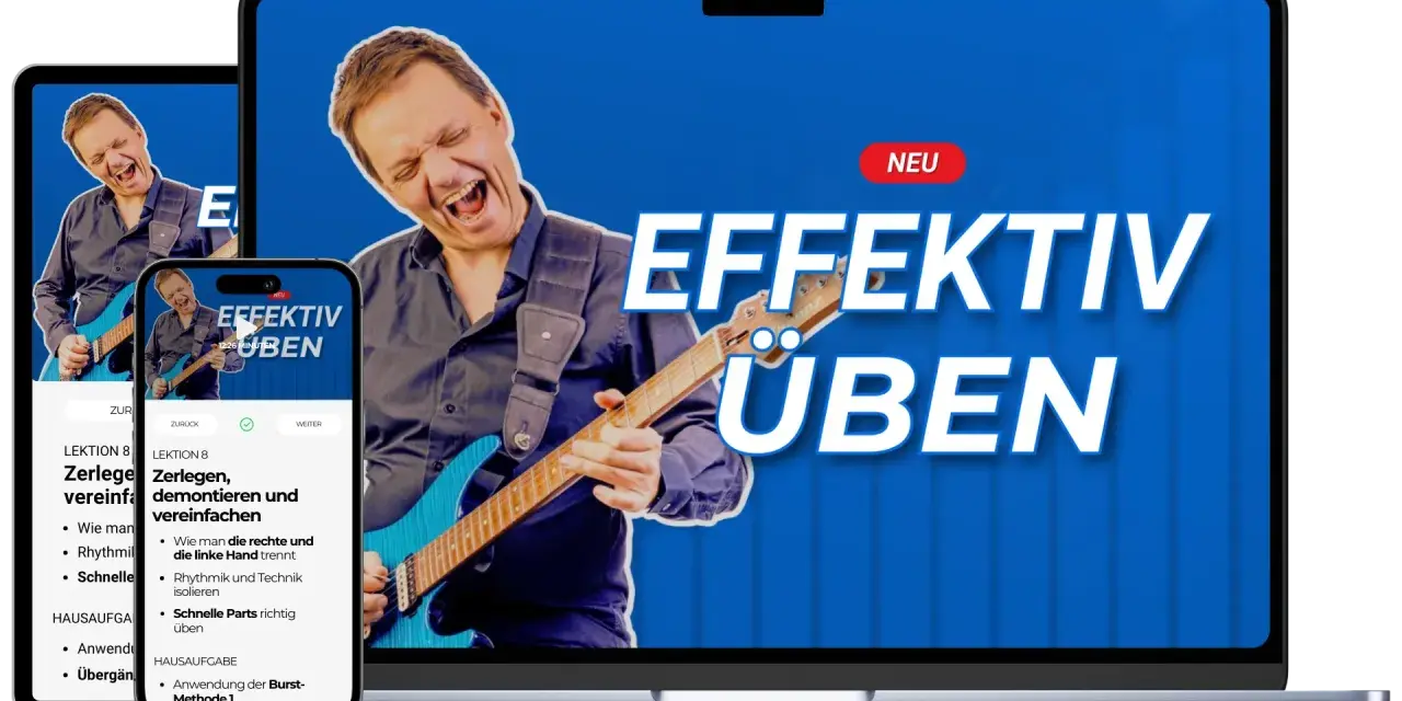 Mann spielt Gitarre, auf Bildschirmen steht "Effektiv Üben".