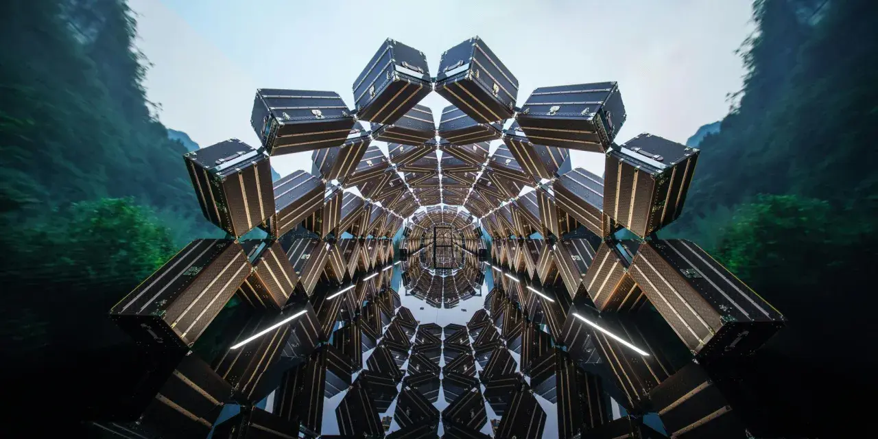 Un tunnel caleidoscopico di bauli Louis Vuitton, un omaggio al fondatore, con uno sfondo di montagne verdi e cielo azzurro.
