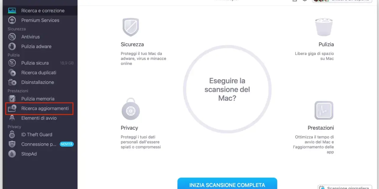 Interfaccia MacKeeper. La sezione "Ricerca aggiornamenti" è evidenziata, suggerendo che l'app mcz maestro non funziona correttamente.
