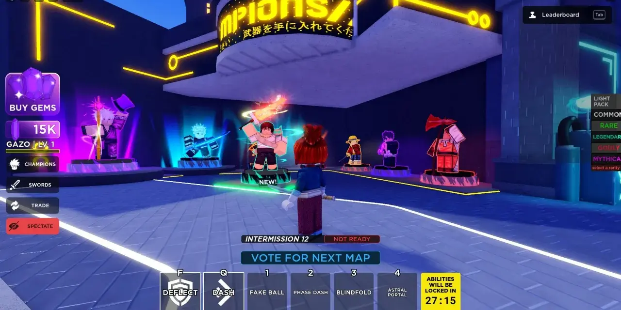 Jugadores en un lobby de Blox Fruits, listos para la acción. Se ven opciones para comprar gemas, espadas y ver el ranking. ¡Quizás pronto haya nuevos códigos de Blox Fruits!
