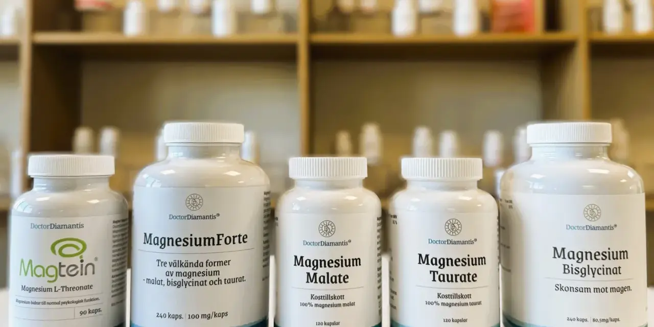 Flera burkar med magnesiumtillskott från DoctorDiamantis, inklusive magnesium malat och bisglycinat.