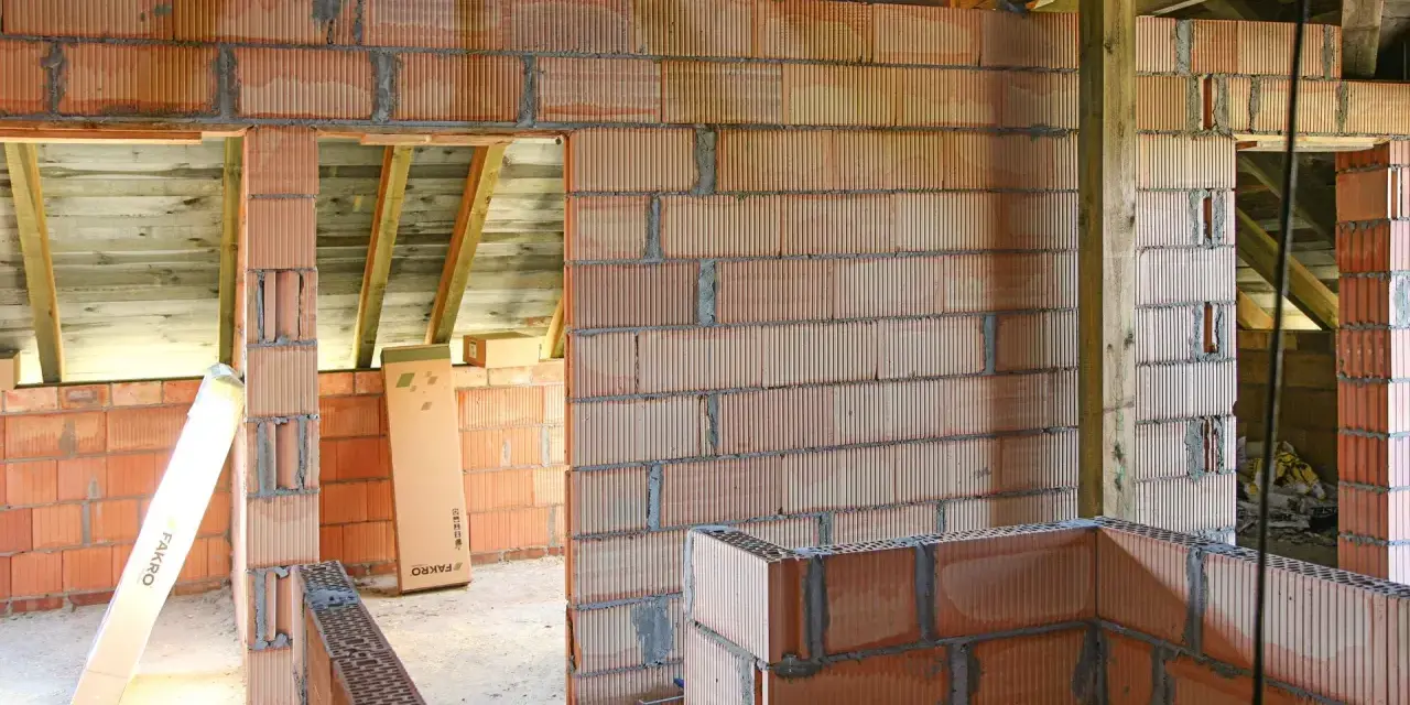 Budowa domu w trakcie. Widać ściany z pustaków ceramicznych, drewniane belki stropowe. Murowanie na piankę wady mogą pojawić się przy niedokładnym wykonaniu.