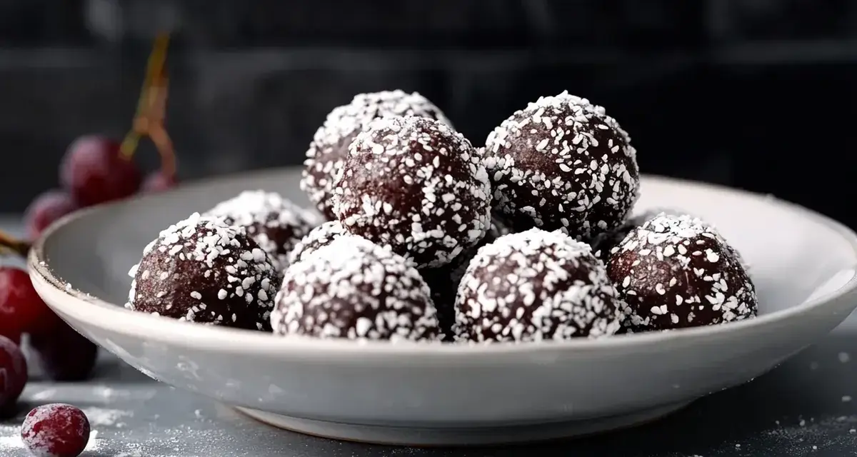 En skål med chokladbollar, perfekta för ett enkelt chokladbollar recept. Körsbär och florsocker ger en festlig touch.