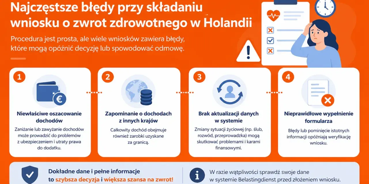 Najczęstsze błędy przy wniosku o zwrot podatku w Holandii: niewłaściwe dochody, zapominanie o zagranicznych zarobkach, brak aktualizacji danych, błędy w formularzu. Sprawdź dane w Belastingdienst.
