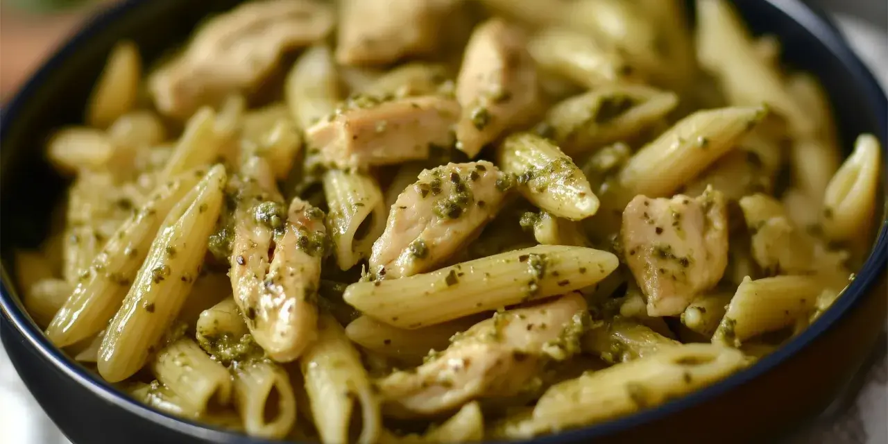 Penne z kurczakiem w sosie pesto, danie pełne smaku i aromatu.