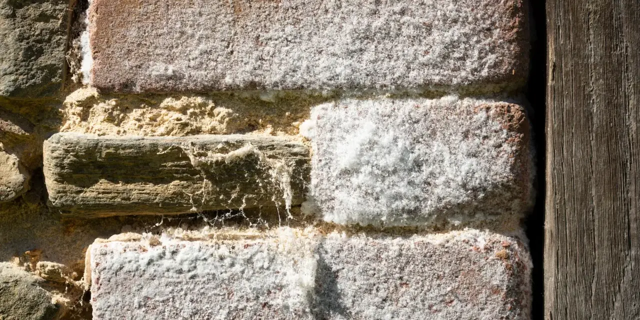 Mur en briques anciennes couvert de salpêtre, la pierre et le bois se côtoient.