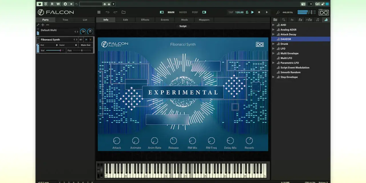 Interfejs programu uvi falcon z widocznym presetem "Fibonacci Synth" i wirtualnymi klawiszami.