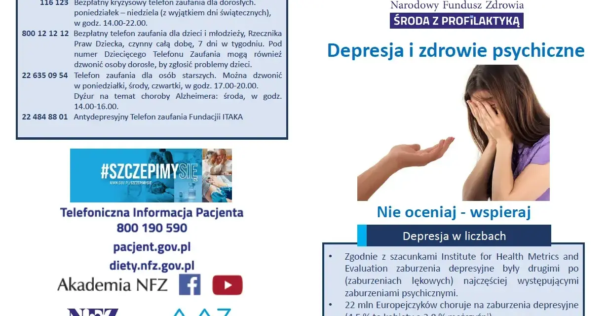 Wsparcie dla osób zmagających się z chorobami psychicznymi, w tym depresją. Informacje o telefonach zaufania i wsparciu.