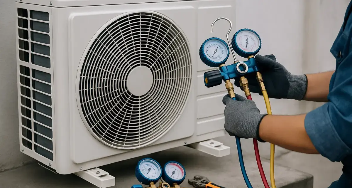 Tecnico controlla il gas nel condizionatore con manometri.