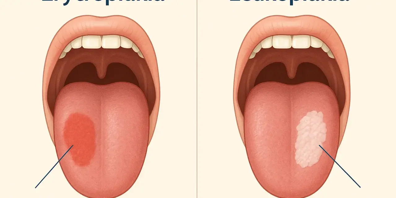 Dwa otwarte usta z językami: jeden z czerwoną plamą (erytroplakia), drugi z białą (leukoplakia).