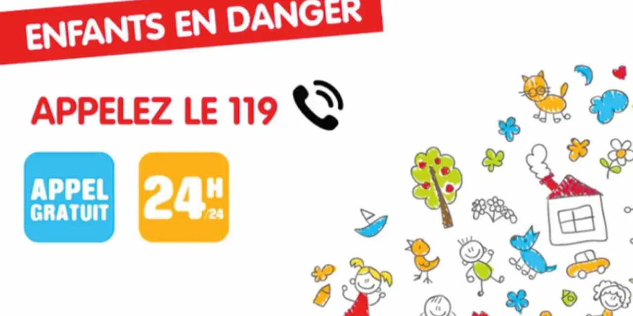 Enfants en danger : appelez le 119. Appel gratuit 24h/24. Illustrations d'enfants et d'animaux.