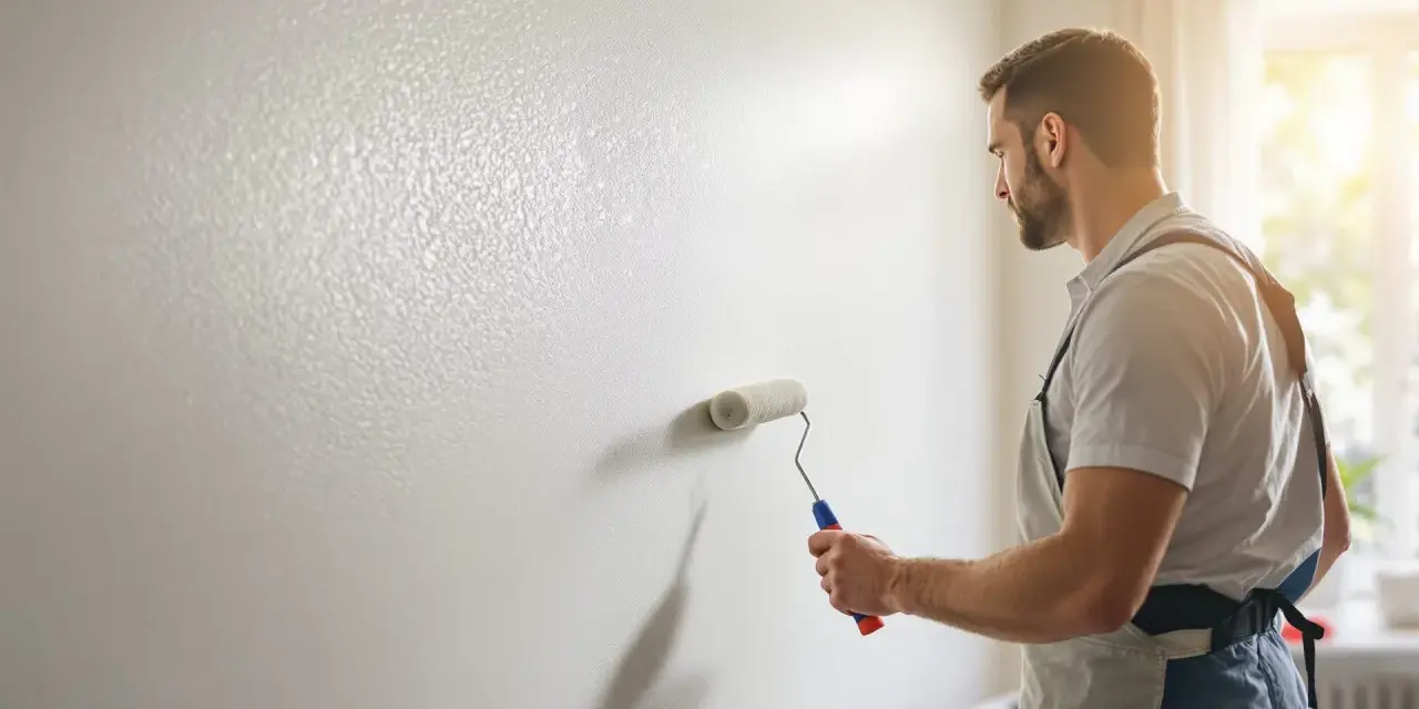 Un peintre applique un crépi au rouleau sur un mur blanc. La lumière du soleil éclaire la scène.