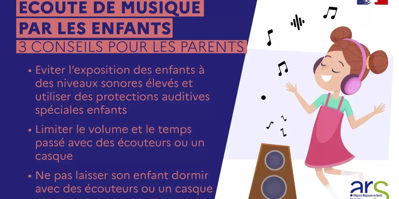 Une fillette danse, écouteurs aux oreilles, entourée de notes de musique. Un exemple de bruit sonore à éviter pour les enfants.