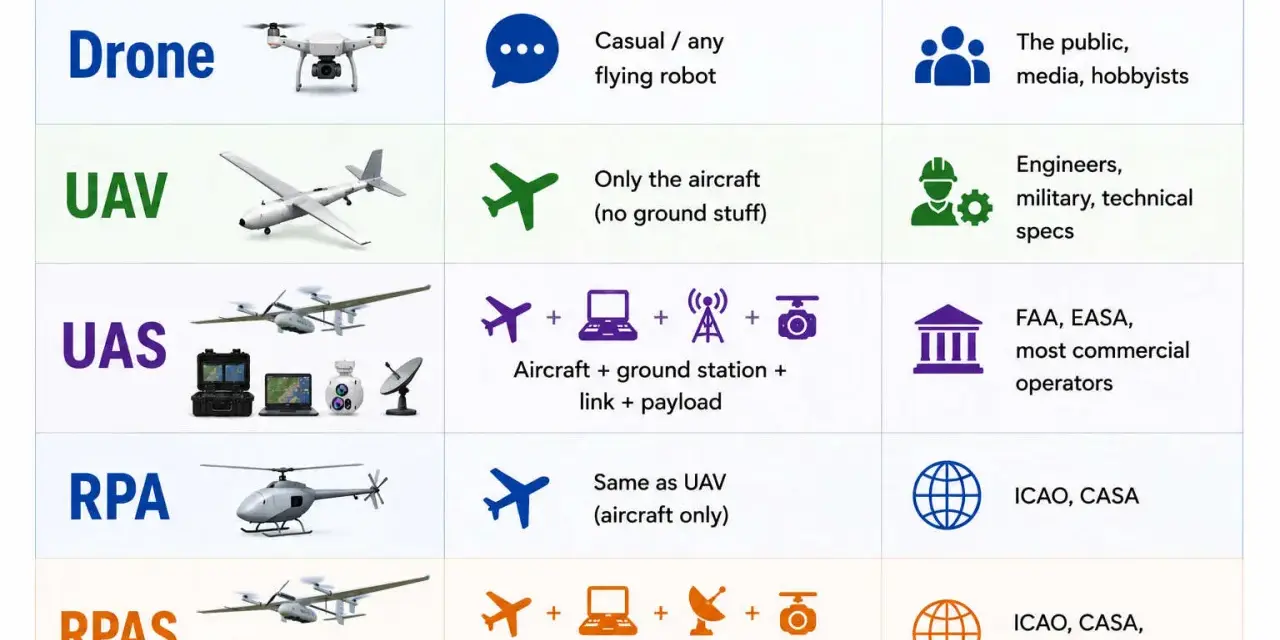 This chart explains drone terminology. The "invisible drone" is a concept, not pictured, but the chart shows various types of drones and their uses.