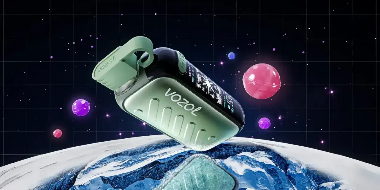 Vaper verde flotando en el espacio, sobre un planeta helado. Indicadores en pantalla para saber como saber si un vaper esta cargado.