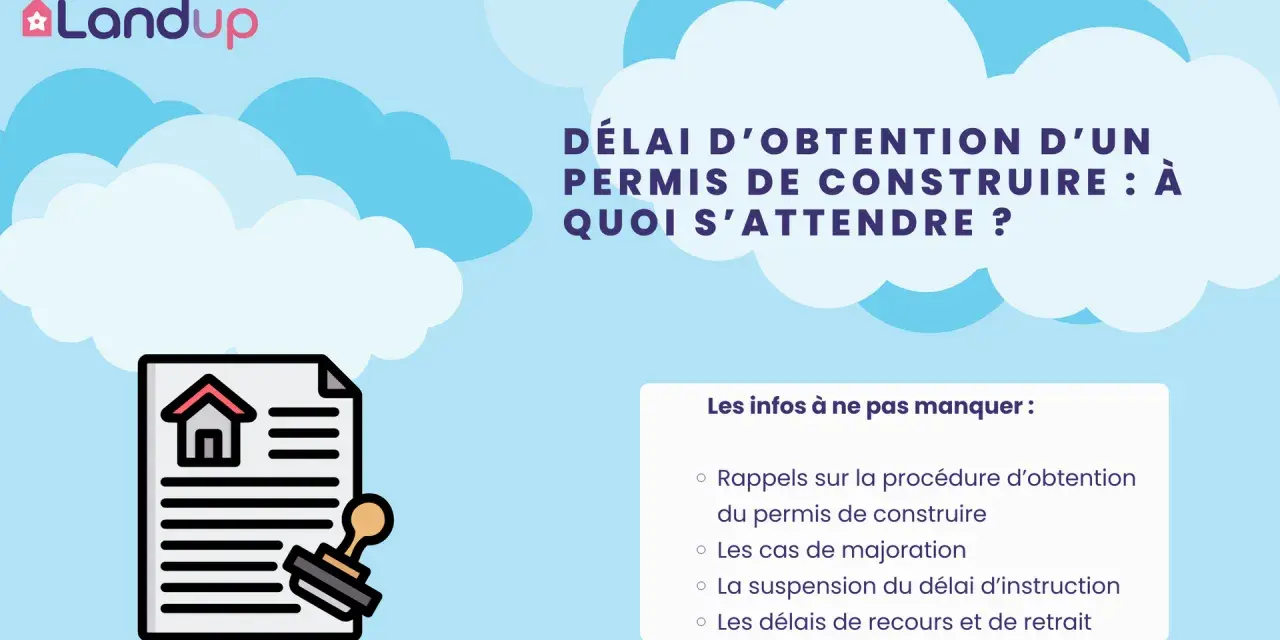 Illustration d'un permis de construire tamponné, avec le titre "Délai d'obtention d'un permis de construire". Infos sur les recours.