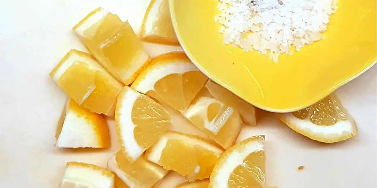 Frische Zitronenspalten und grobes Salz in einer gelben Schale – die perfekte Basis für viele Rezepte mit Zitrone.