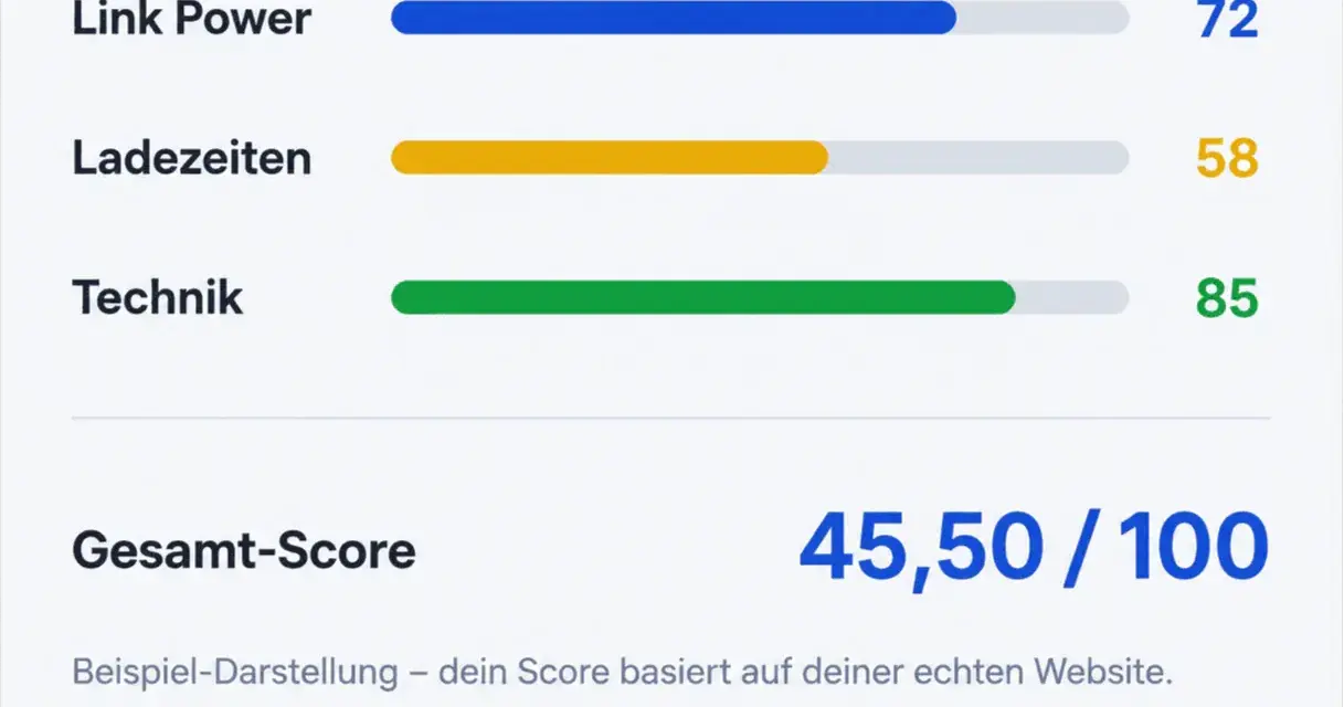 SEO-Analyse: Link Power (72), Ladezeiten (58), Technik (85). Gesamt-Score 45,50/100. Schlechte Werte deuten auf negative SEO hin.