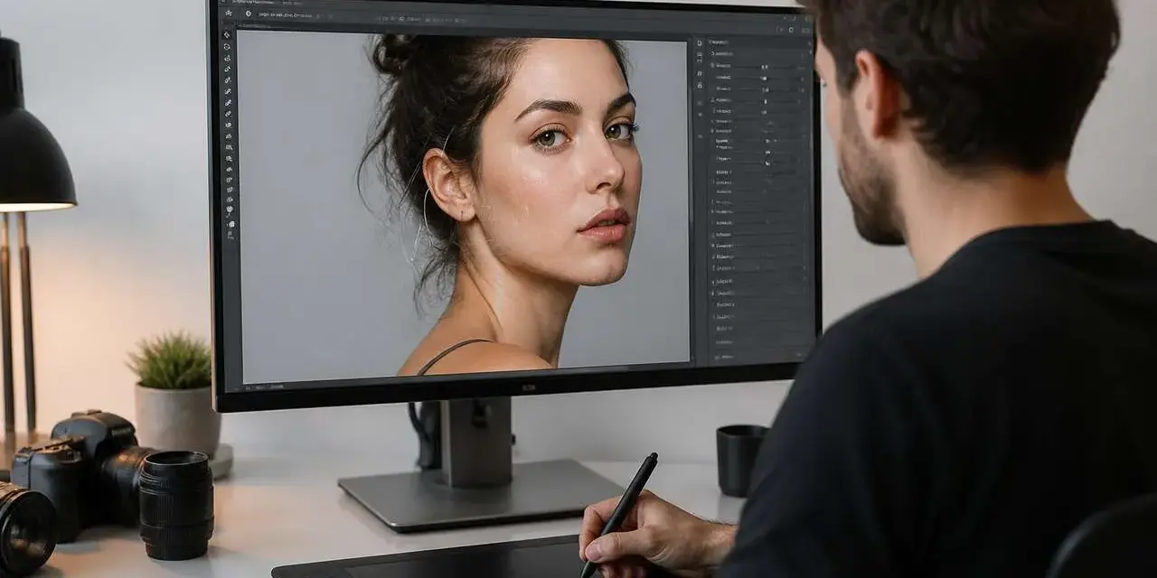 Un homme retouche un portrait sur Photoshop, utilisant un outil fluidité pour peaufiner les détails du visage.